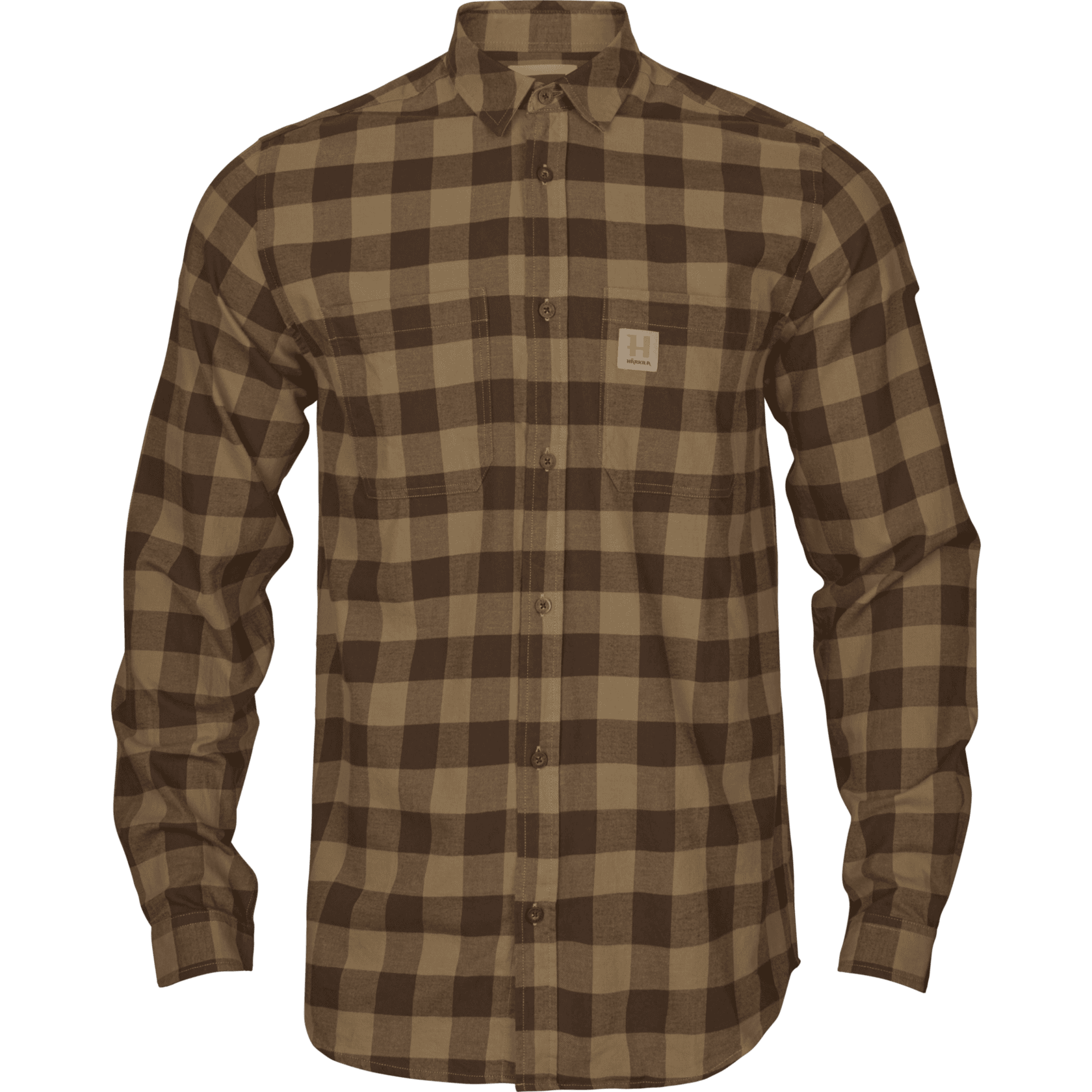 Szabadtéri vadászattal és horgászattal kapcsolatos barna kockás galléros ing, praktikus zsebbel, prémium minőségű anyagból, vadászbolt kínálatában elérhető, ideális outdoor viselet.