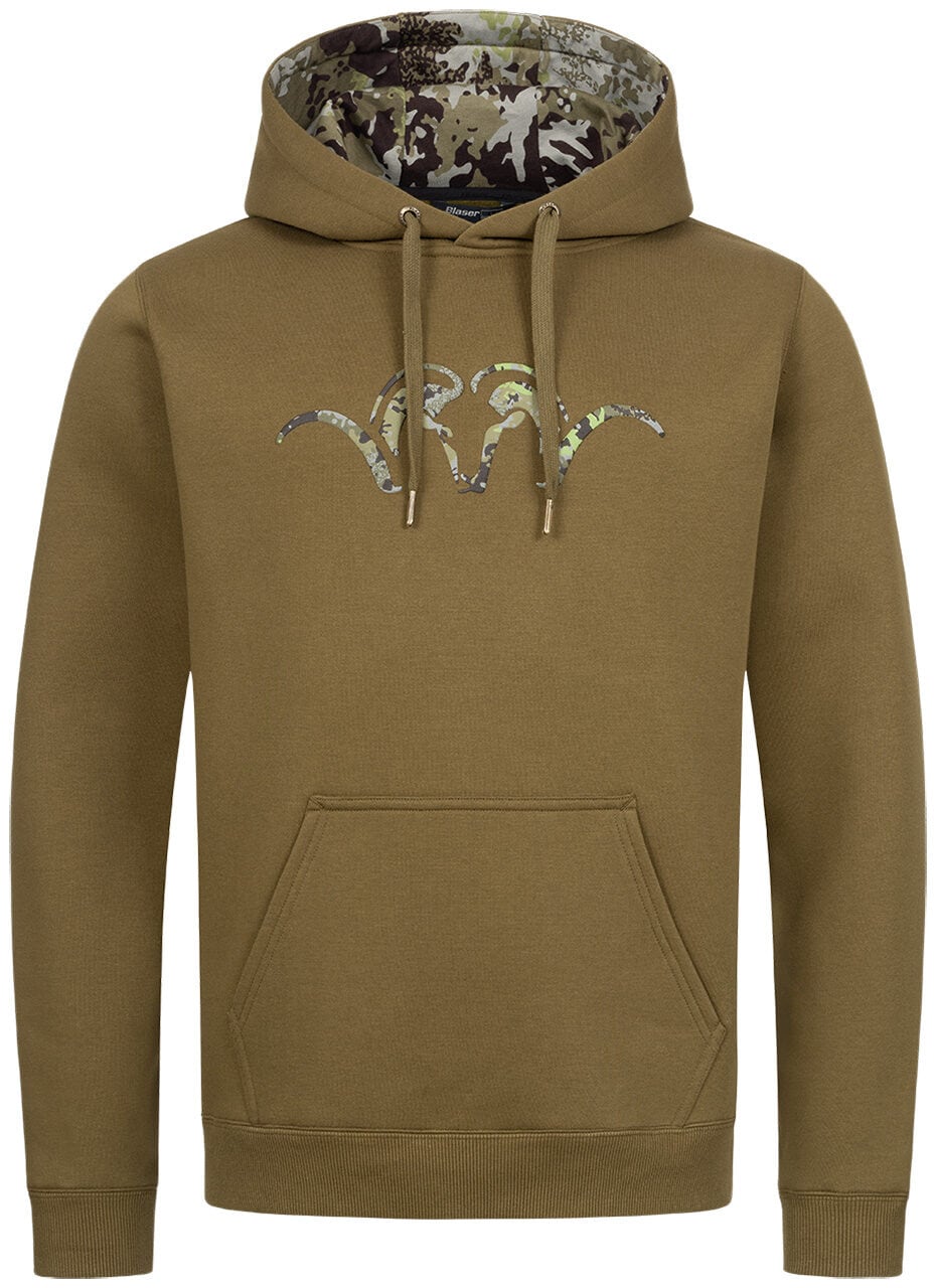 Supacsajos barna schweater, vadászaton és outdoor tevékenységekhez, kamuflázs mintával a kapucni belső részén, kényelmes kötött anyagból készült, praktikus elülső zseb és fekete húzózsinórok.