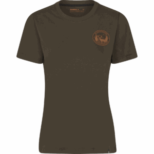 Heder nélküli katonai stílusú sötét zöld póló vadászathoz és természeti kalandokhoz, emblémával a bal mellrészen, kényelmes és strapabíró anyagból készült.
