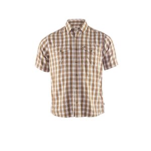 Megfelelő vadászkockás férfi ing, rövid ujjú, barna és fehér színkombinációval, alkalmas vadászathoz vagy outdoor tevékenységekhez, kiváló minőségű anyagokból készülve.