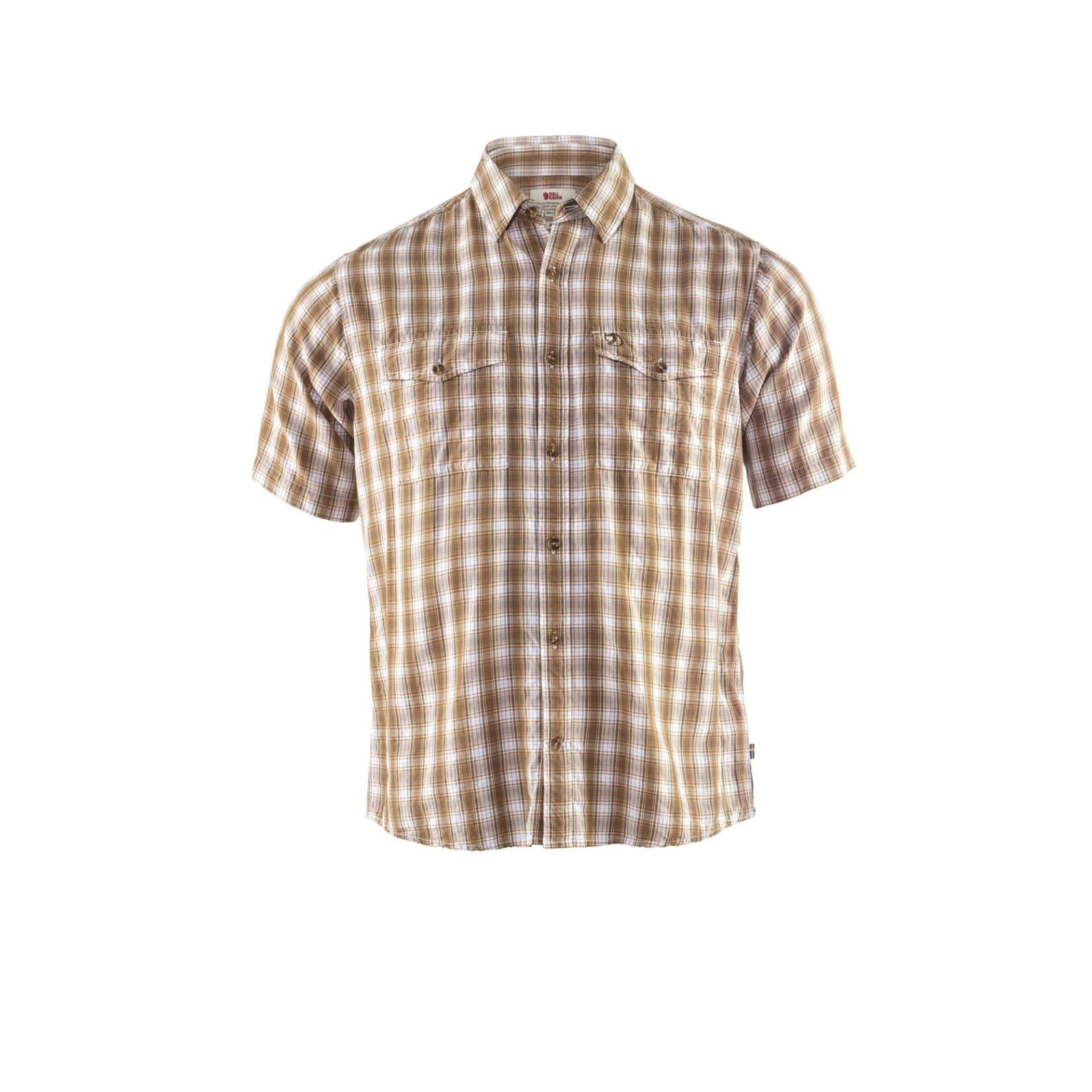 Megfelelő vadászkockás férfi ing, rövid ujjú, barna és fehér színkombinációval, alkalmas vadászathoz vagy outdoor tevékenységekhez, kiváló minőségű anyagokból készülve.