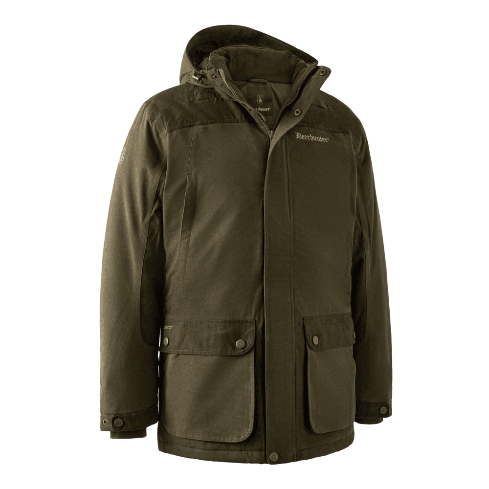 Magas minőségű vadászkabát rögzített kapucnival, meleg és vízálló anyagból, ideális vadászathoz és outdoor tevékenységekhez.