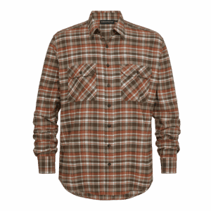 Szabadtéri vadászati és túrázási ruházat, hosszú ujjú, pamut inget, kockás mintával, ideális vadászatokhoz és erdei kalandhoz.