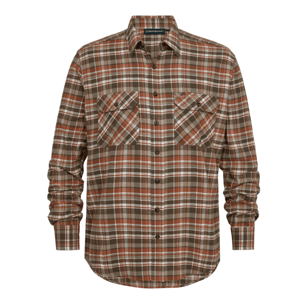 Szabadtéri vadászati és túrázási ruházat, hosszú ujjú, pamut inget, kockás mintával, ideális vadászatokhoz és erdei kalandhoz.