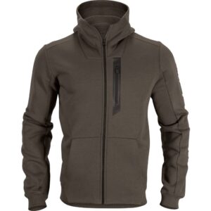 Katonai stílusú szürke férfi softshell dzsörzé kabát, magas nyakkal és cipzáras zsebbel, ideális outdoor vagy vadászati tevékenységekhez.